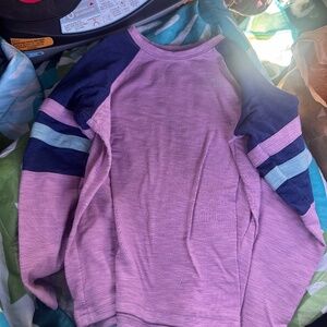 Comfortable kids shirt by L.L. Bean. Features purple body with blue sleeves and